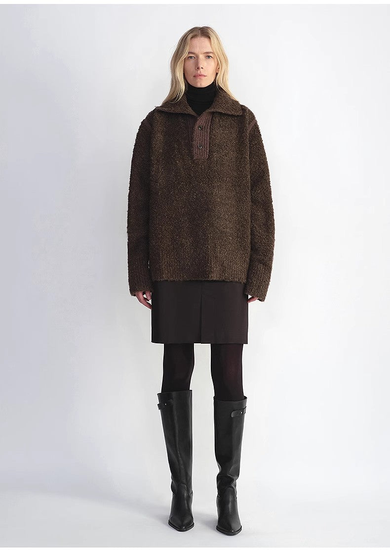 Alpaca Wool Bouclé Polo Sweater – Lazy & Relaxed Fit Knit Top