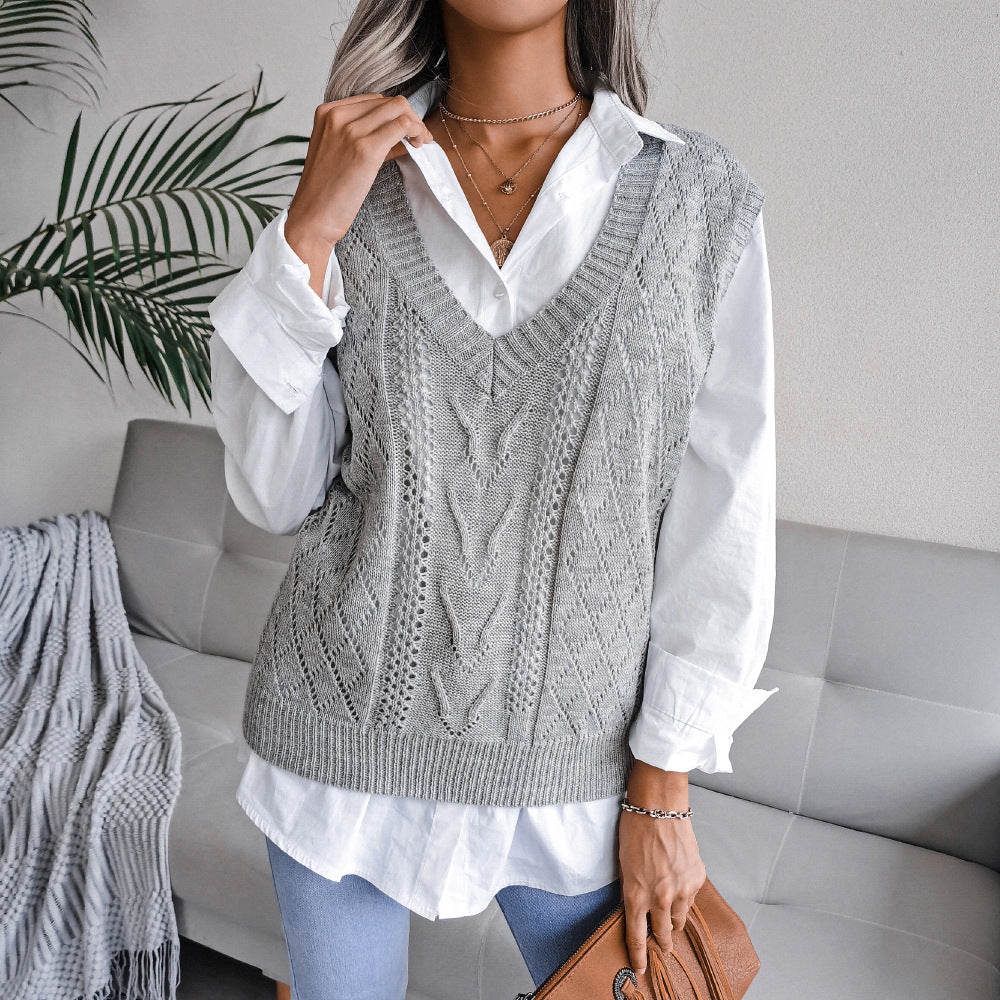 Hollowed-Out Twisted V-Neck Knit Vest – Stylish Women’s Sweater