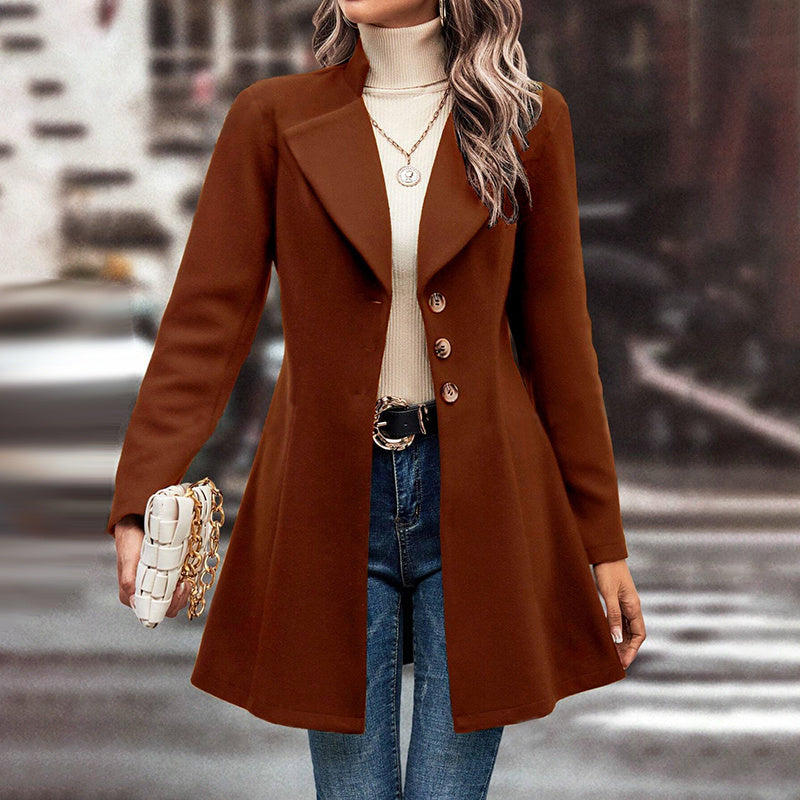 Classic Lapel Long Pea Coat – Women’s Single-Breasted Winter Overcoat Fashion