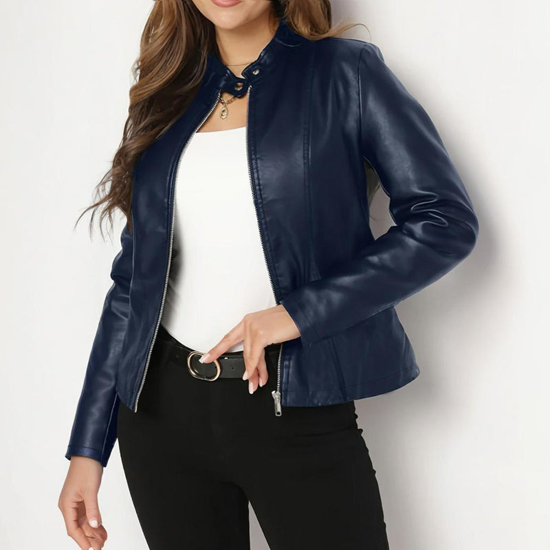 Women’s Faux Leather Blazer – Chic Stand Collar Long Sleeve Jacket for Fall & Winter Fashion