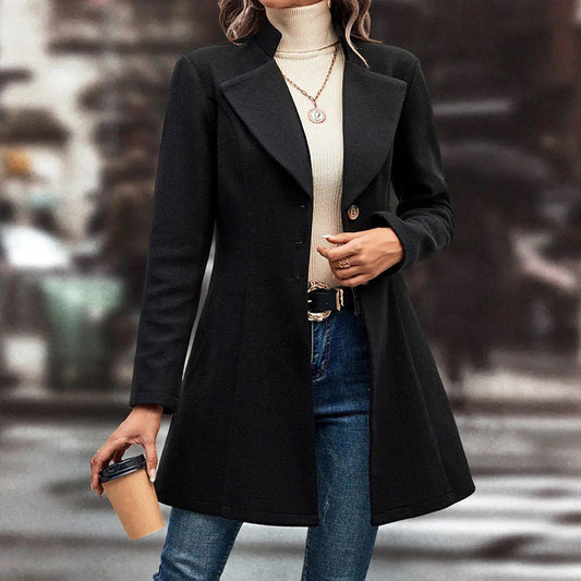 Classic Lapel Long Pea Coat – Women’s Single-Breasted Winter Overcoat Fashion