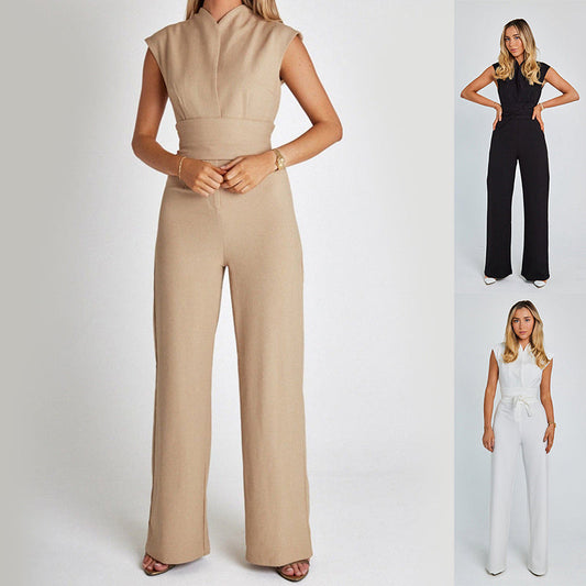Fashion Long Jumpsuit – Casual V-Neck Sleeveless Wide Leg Overalls for Women Fashion