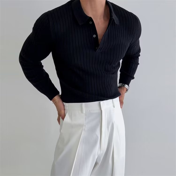 Modern Men’s Polo Shirt – Stylish Lapel Button Long Sleeve Knit Top Fashion