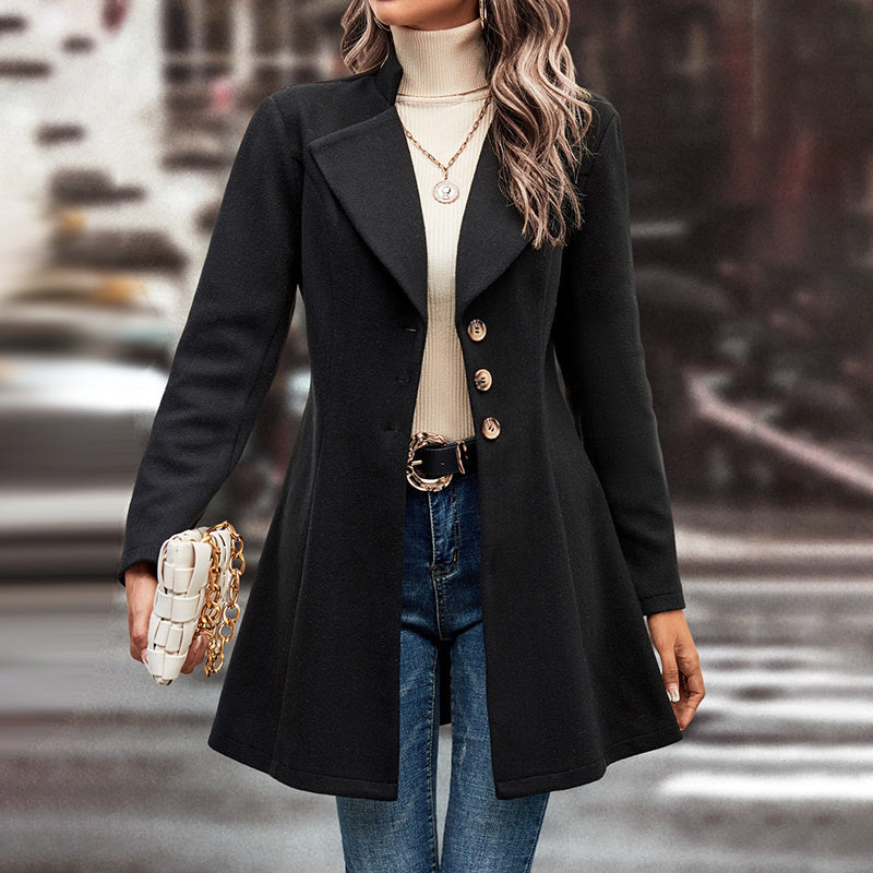 Classic Lapel Long Pea Coat – Women’s Single-Breasted Winter Overcoat Fashion