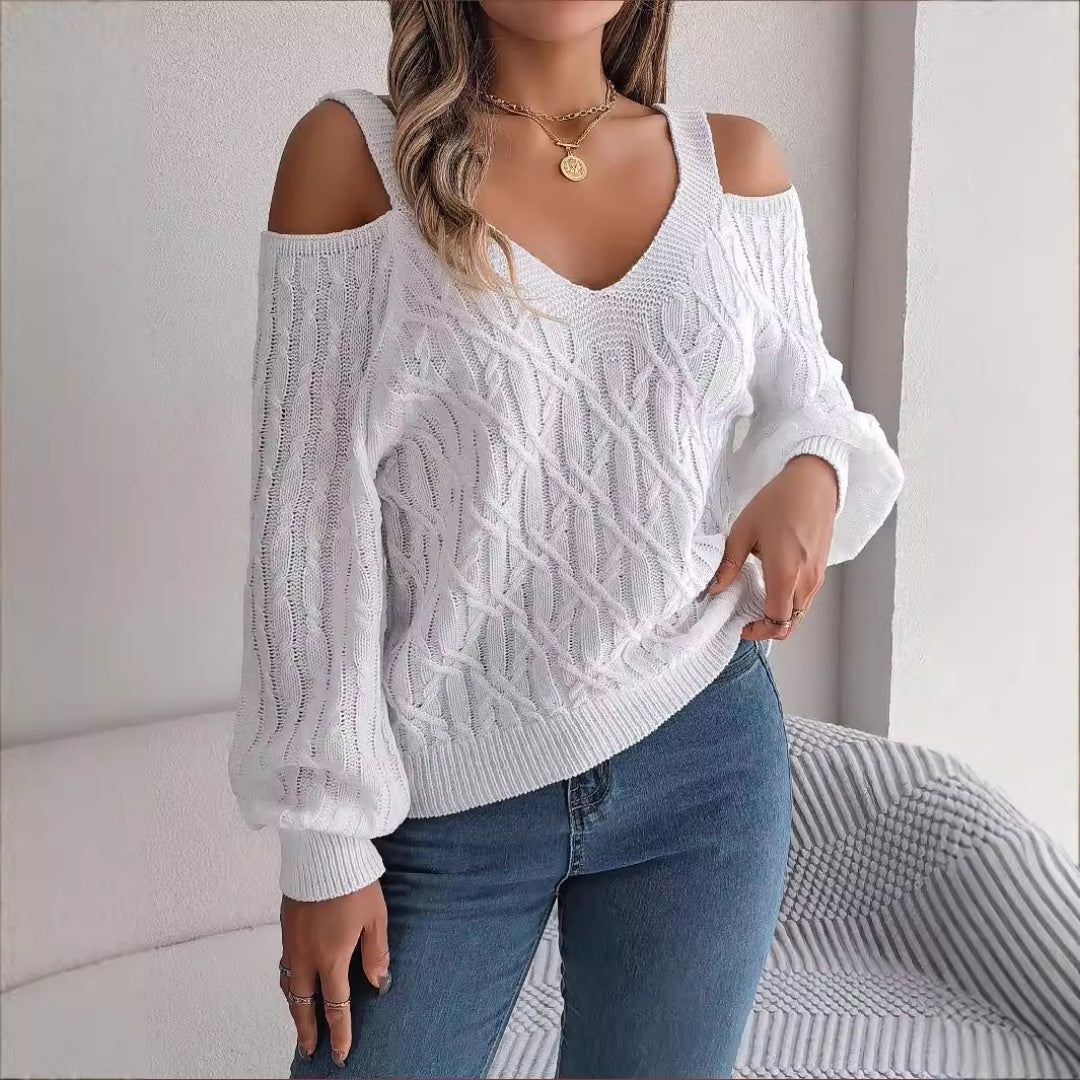Cozy Chic Sweater – Off-Shoulder Lantern Sleeve Knit for Autumn & Winter Fashion
