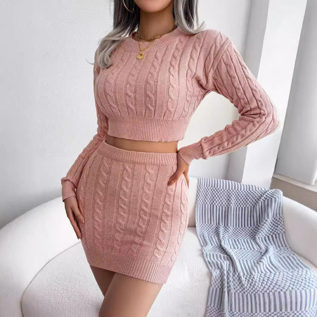 Cozy Knit Matching Set – Twisted Crop Top & Fitted Skirt Casual Outfit Fashion