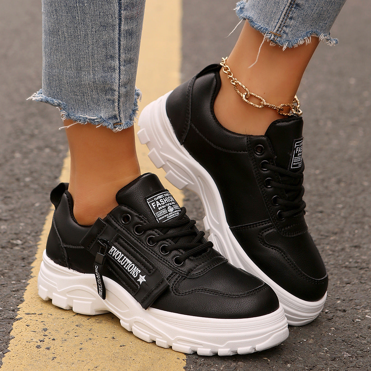 Fashion Sports Sneakers – Women’s Lace-Up Thick Sole Casual Shoes Fashion