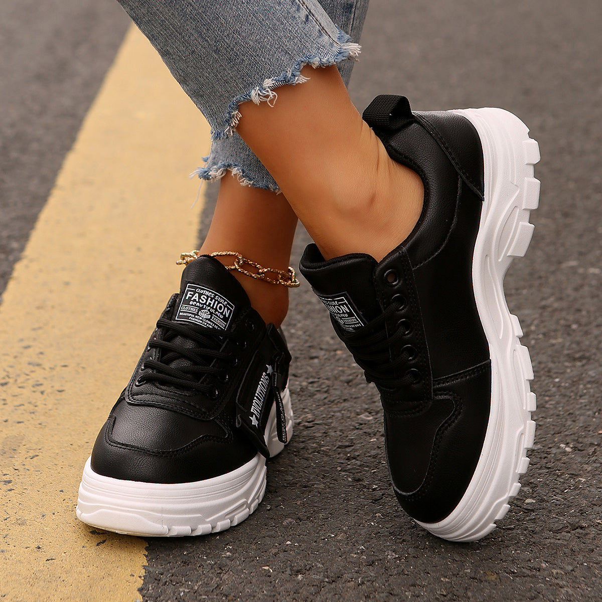 Fashion Sports Sneakers – Women’s Lace-Up Thick Sole Casual Shoes Fashion