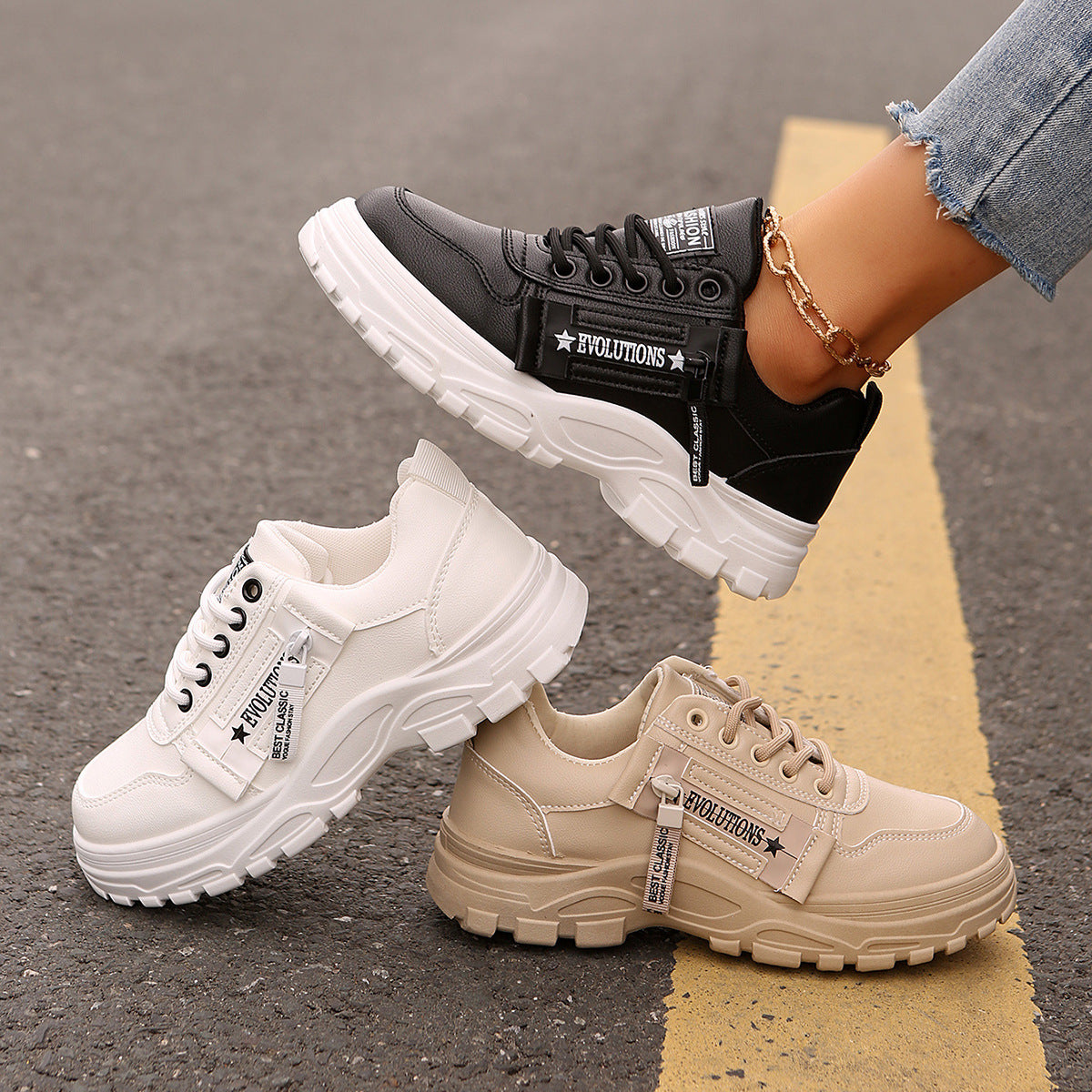 Fashion Sports Sneakers – Women’s Lace-Up Thick Sole Casual Shoes Fashion