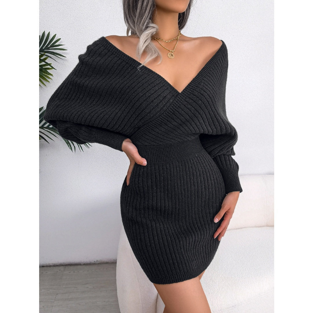 Elegant Fuzzy Knit Dress – Cross V-Neck Bat Sleeve Hip-Hugging Style Fashion