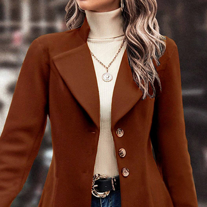 Classic Lapel Long Pea Coat – Women’s Single-Breasted Winter Overcoat Fashion