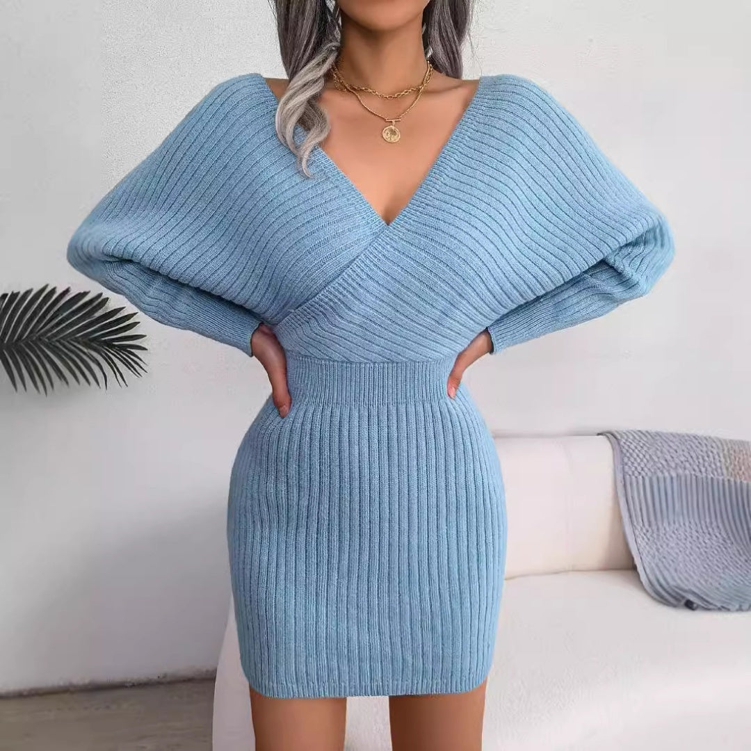 Elegant Fuzzy Knit Dress – Cross V-Neck Bat Sleeve Hip-Hugging Style Fashion