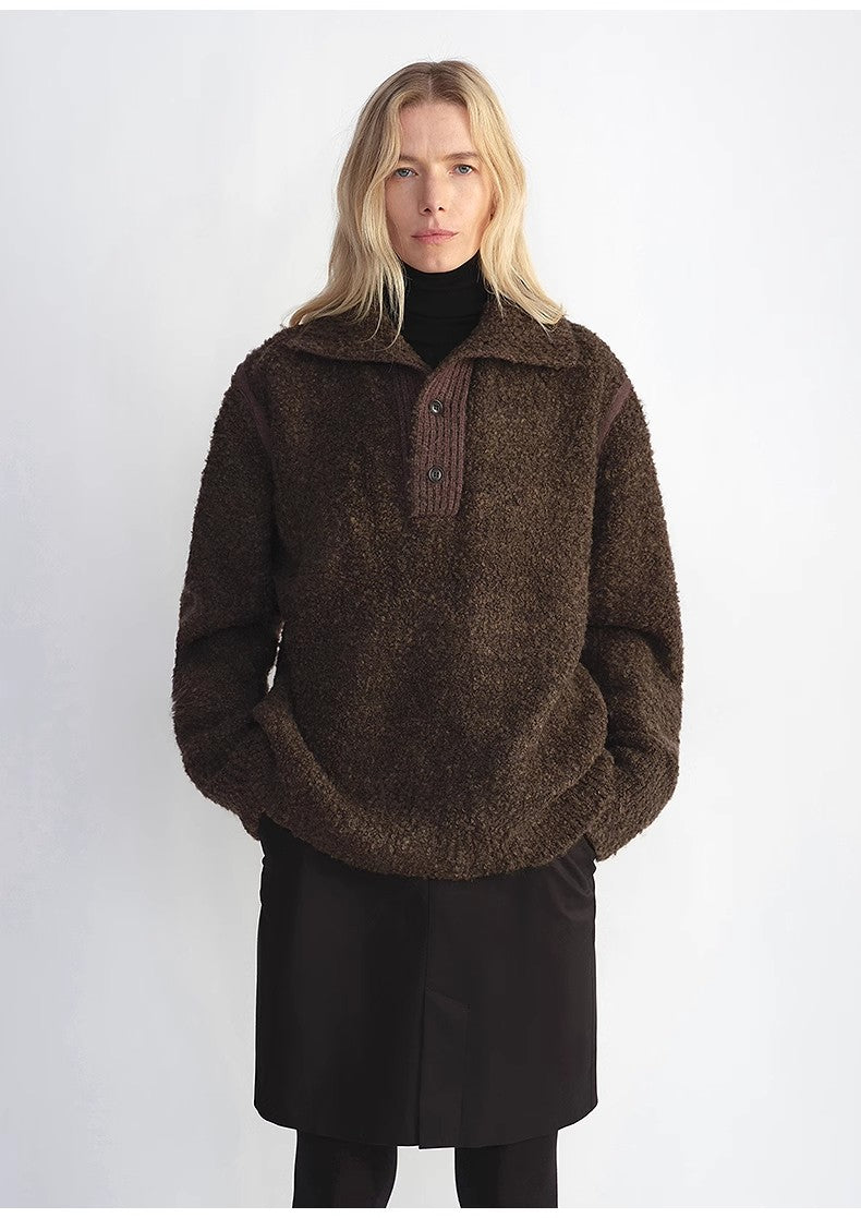 Alpaca Wool Bouclé Polo Sweater – Lazy & Relaxed Fit Knit Top