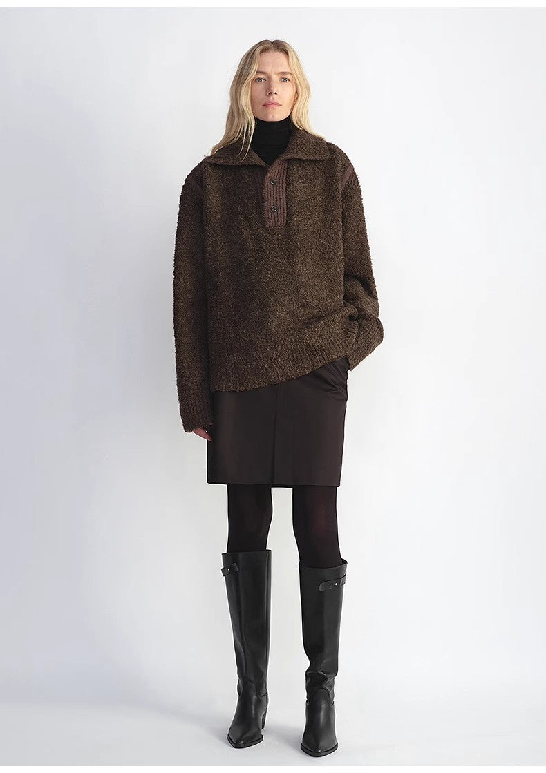 Alpaca Wool Bouclé Polo Sweater – Lazy & Relaxed Fit Knit Top