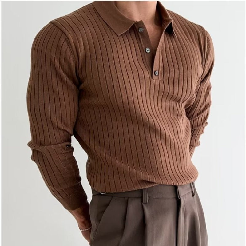Modern Men’s Polo Shirt – Stylish Lapel Button Long Sleeve Knit Top Fashion