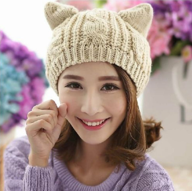 Warm & Whimsical 3D Cat Ear Beanie – Handmade Knit Winter Hat Winter