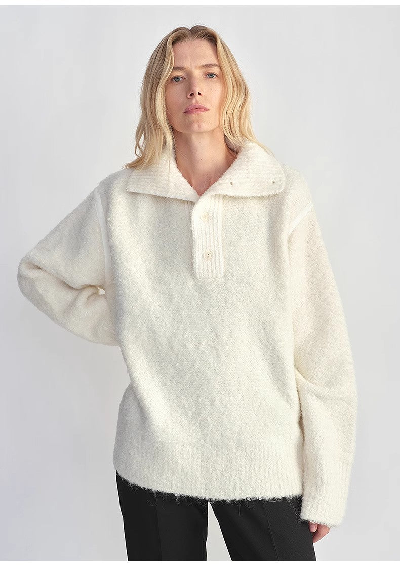 Alpaca Wool Bouclé Polo Sweater – Lazy & Relaxed Fit Knit Top