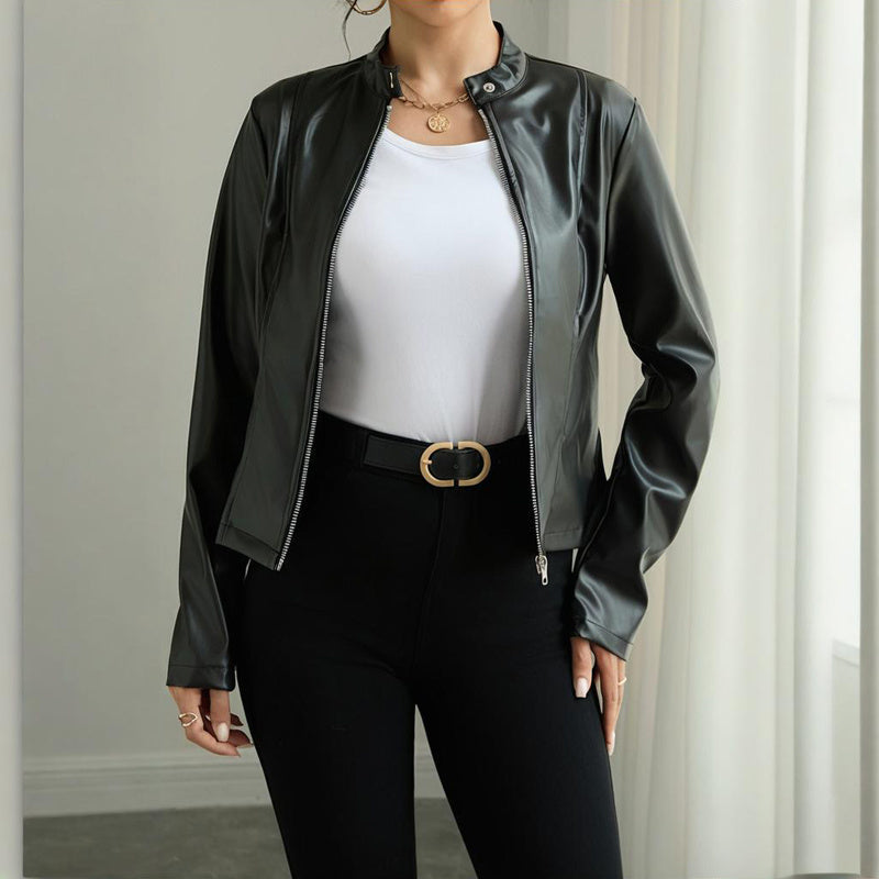 Women’s Faux Leather Blazer – Chic Stand Collar Long Sleeve Jacket for Fall & Winter Fashion