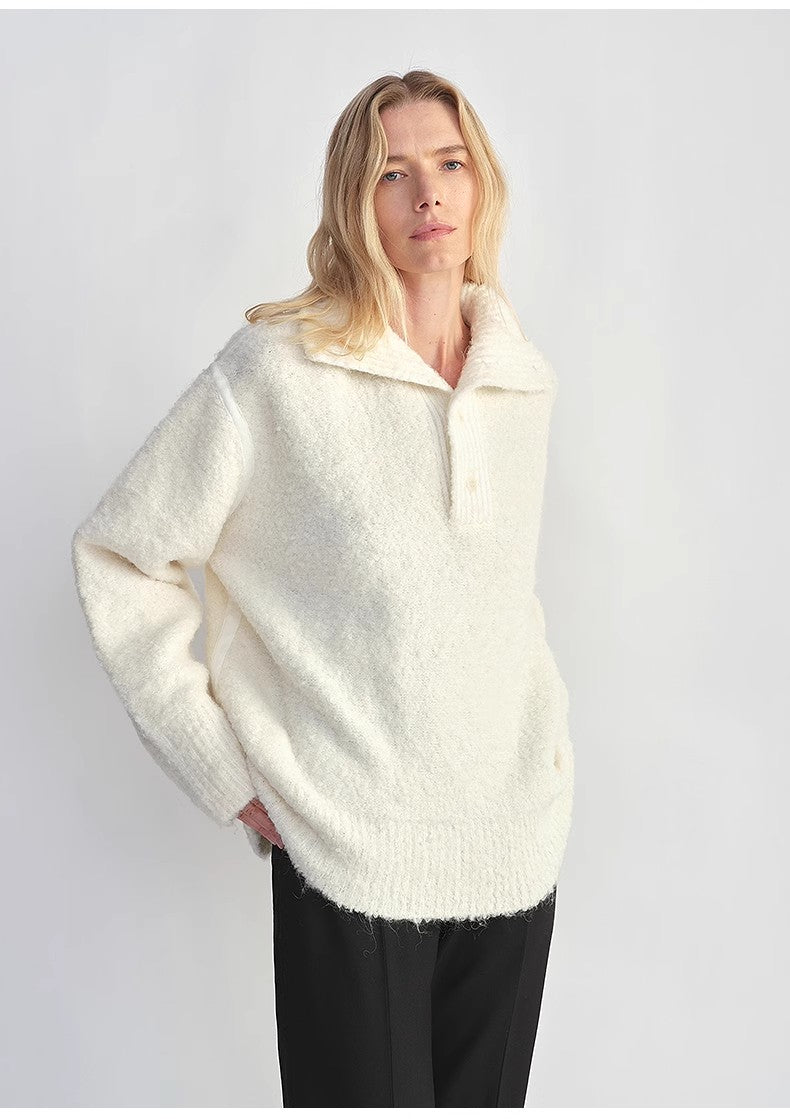 Alpaca Wool Bouclé Polo Sweater – Lazy & Relaxed Fit Knit Top