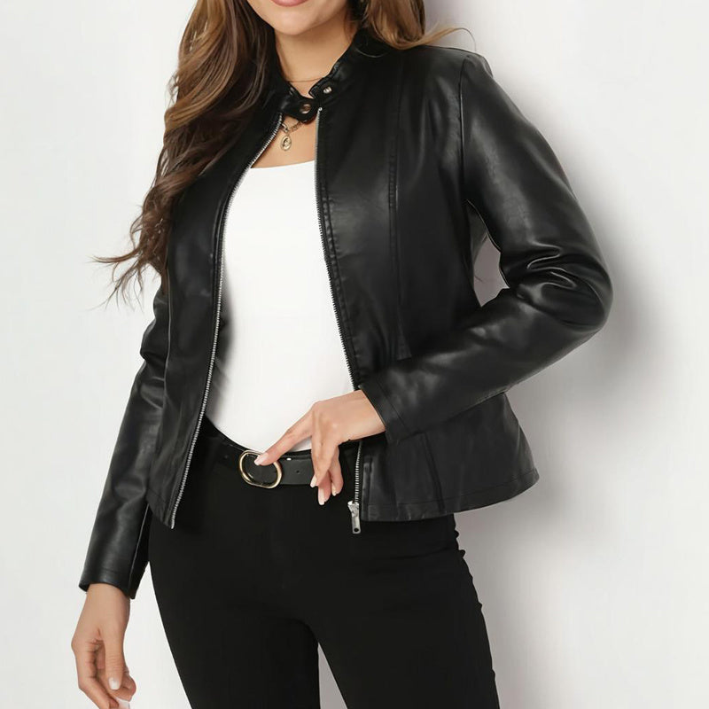 Women’s Faux Leather Blazer – Chic Stand Collar Long Sleeve Jacket for Fall & Winter Fashion