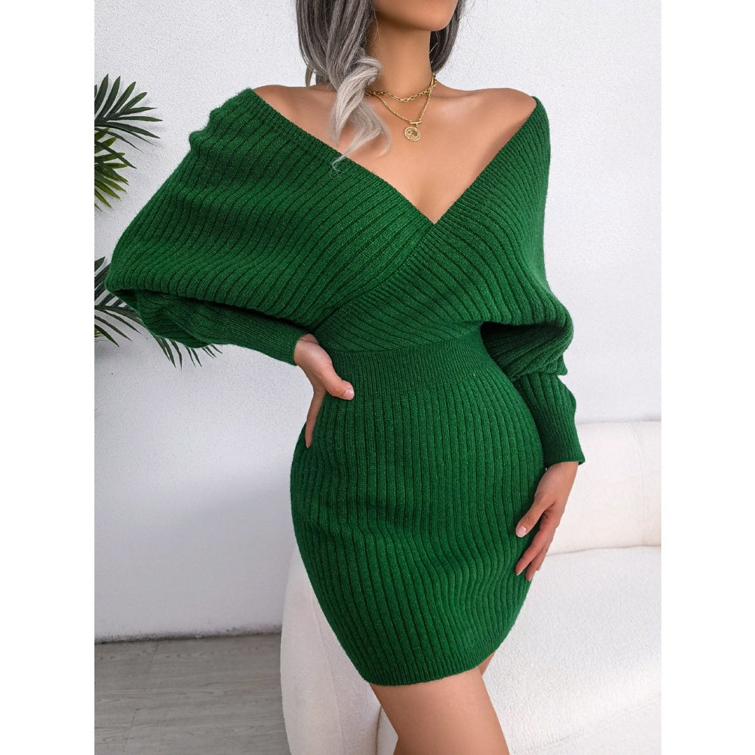 Elegant Fuzzy Knit Dress – Cross V-Neck Bat Sleeve Hip-Hugging Style Fashion