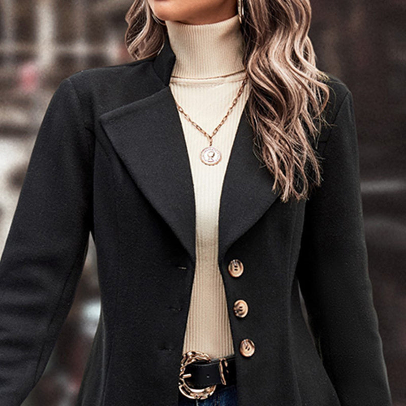 Classic Lapel Long Pea Coat – Women’s Single-Breasted Winter Overcoat Fashion