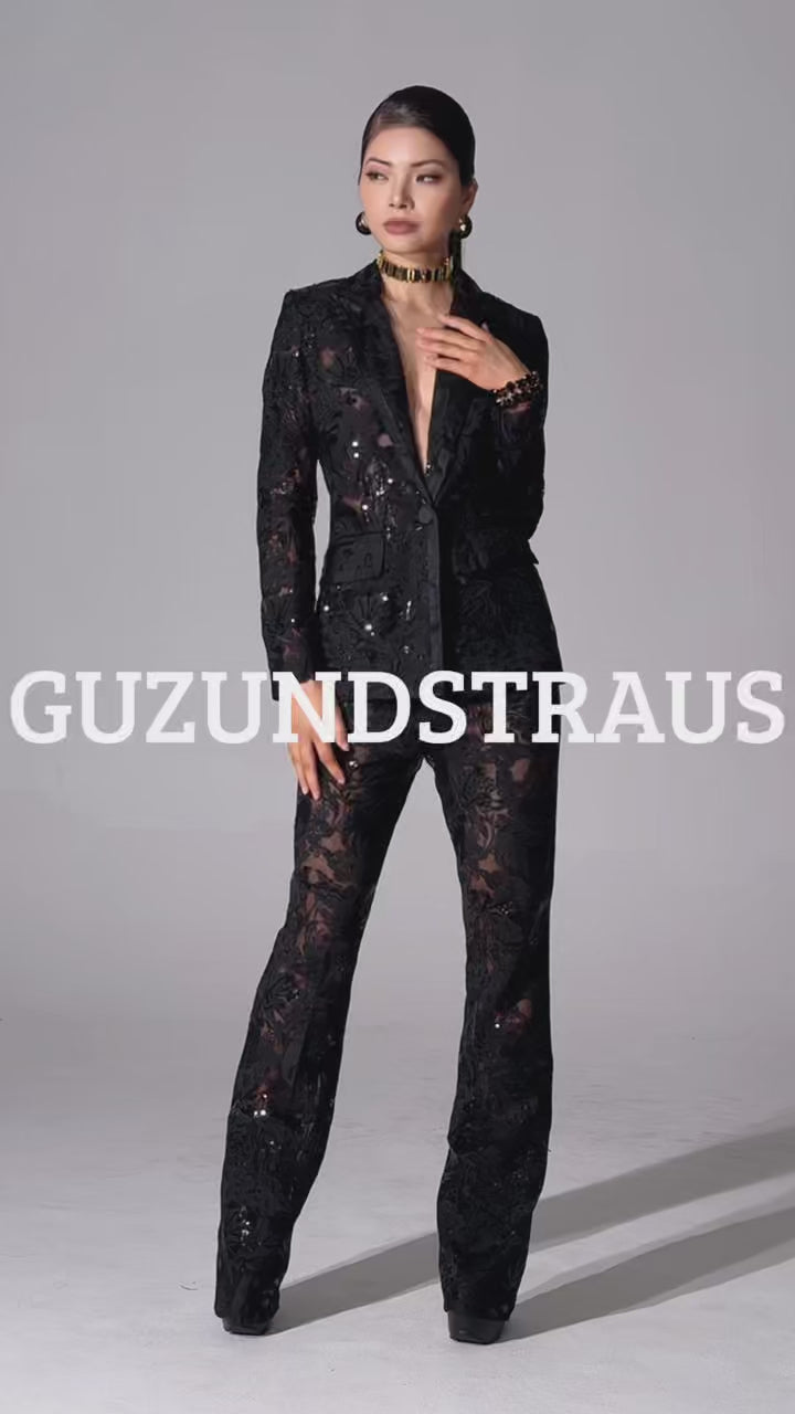 Elegant Carie Sequin Floral Blazer Set – Black Designer Outfit