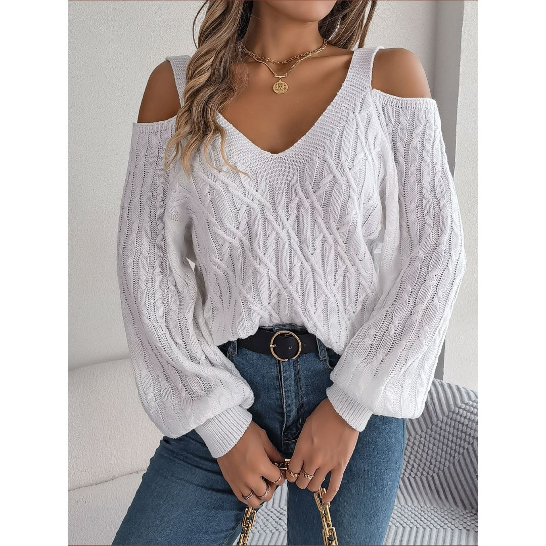 Cozy Chic Sweater – Off-Shoulder Lantern Sleeve Knit for Autumn & Winter Fashion