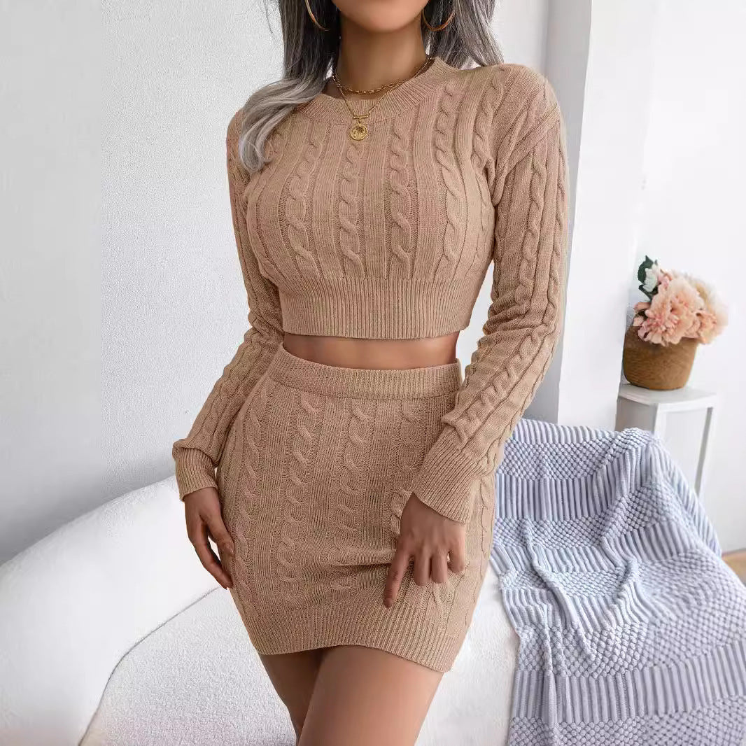 Cozy Knit Matching Set – Twisted Crop Top & Fitted Skirt Casual Outfit Fashion
