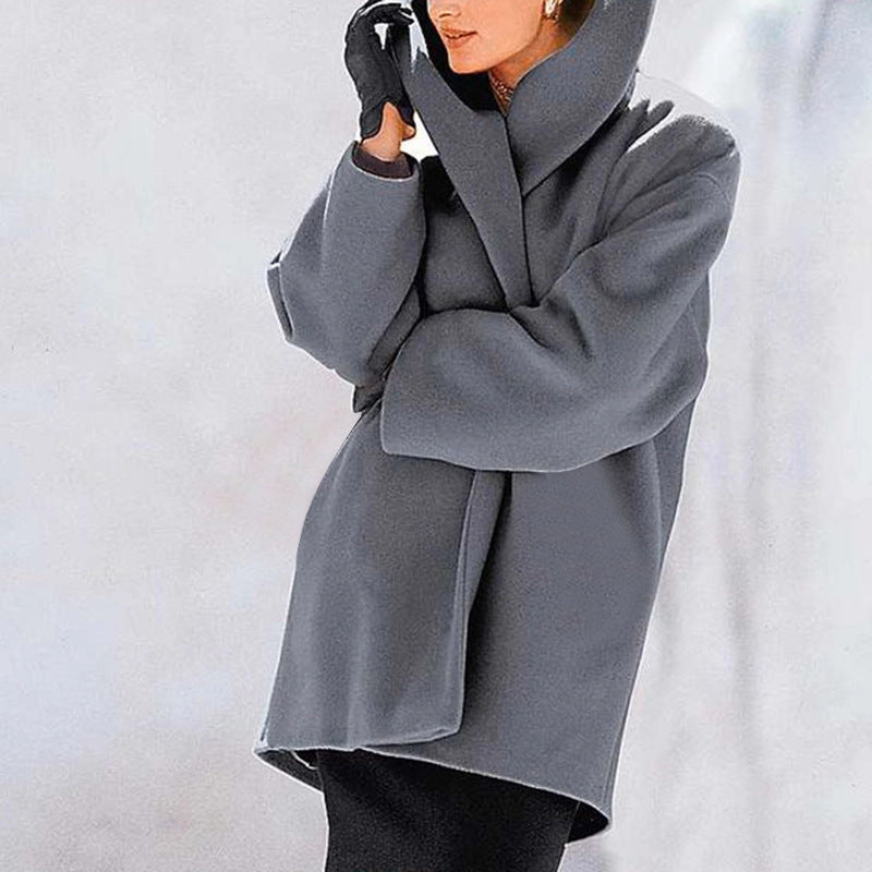 Plus Size Hooded Coat – Long Wool-Like Button Jacket for Fall & Winter Fashion