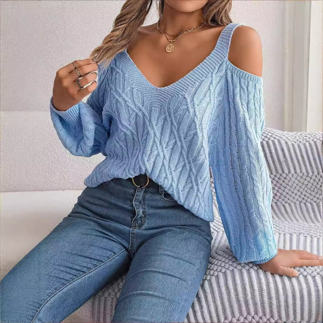 Cozy Chic Sweater – Off-Shoulder Lantern Sleeve Knit for Autumn & Winter Fashion