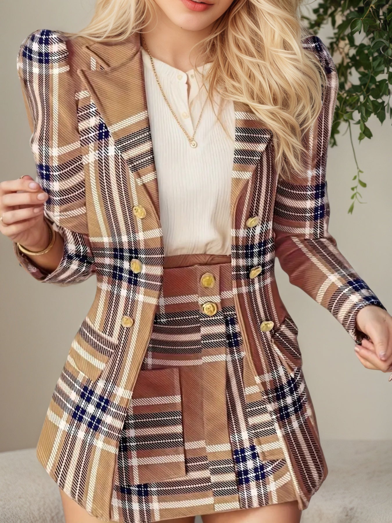 Classic Women’s Workwear Set – Double Breasted Plaid Blazer & Matching Skirt Outfit Fashion