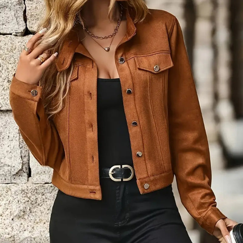 Trendy Cropped Suede Jacket – Vintage Button-Up Fall Outerwear for Women Fashion