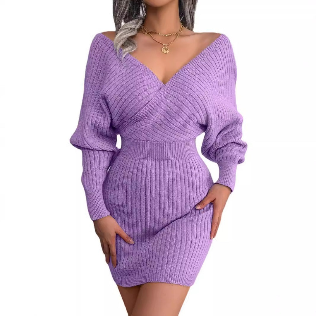 Elegant Fuzzy Knit Dress – Cross V-Neck Bat Sleeve Hip-Hugging Style Fashion