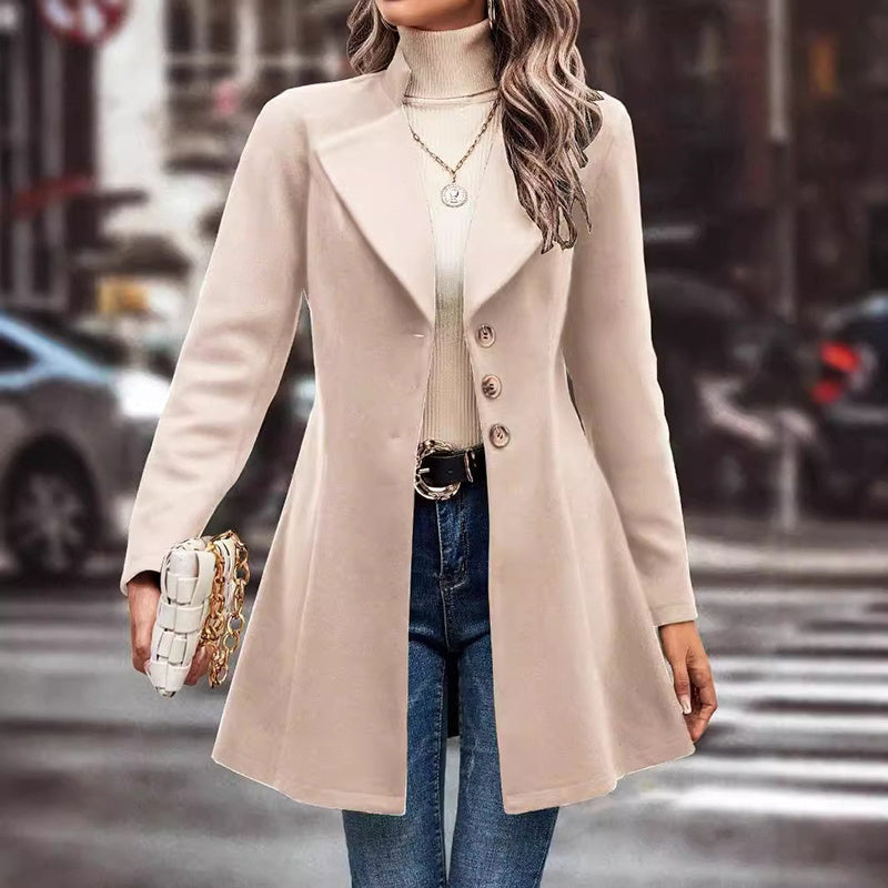 Classic Lapel Long Pea Coat – Women’s Single-Breasted Winter Overcoat Fashion