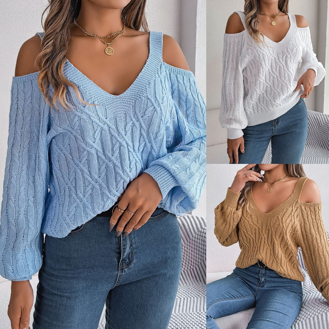 Cozy Chic Sweater – Off-Shoulder Lantern Sleeve Knit for Autumn & Winter Fashion