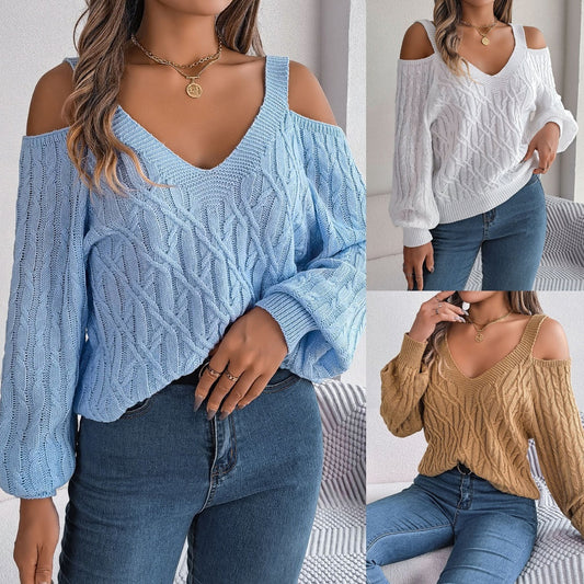 Cozy Chic Sweater – Off-Shoulder Lantern Sleeve Knit for Autumn & Winter Fashion