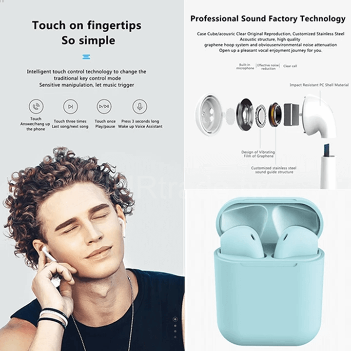Macaron Wireless Bluetooth Earbuds – Light Blue, Noise-Cancelling, Touch Control with Charging Case