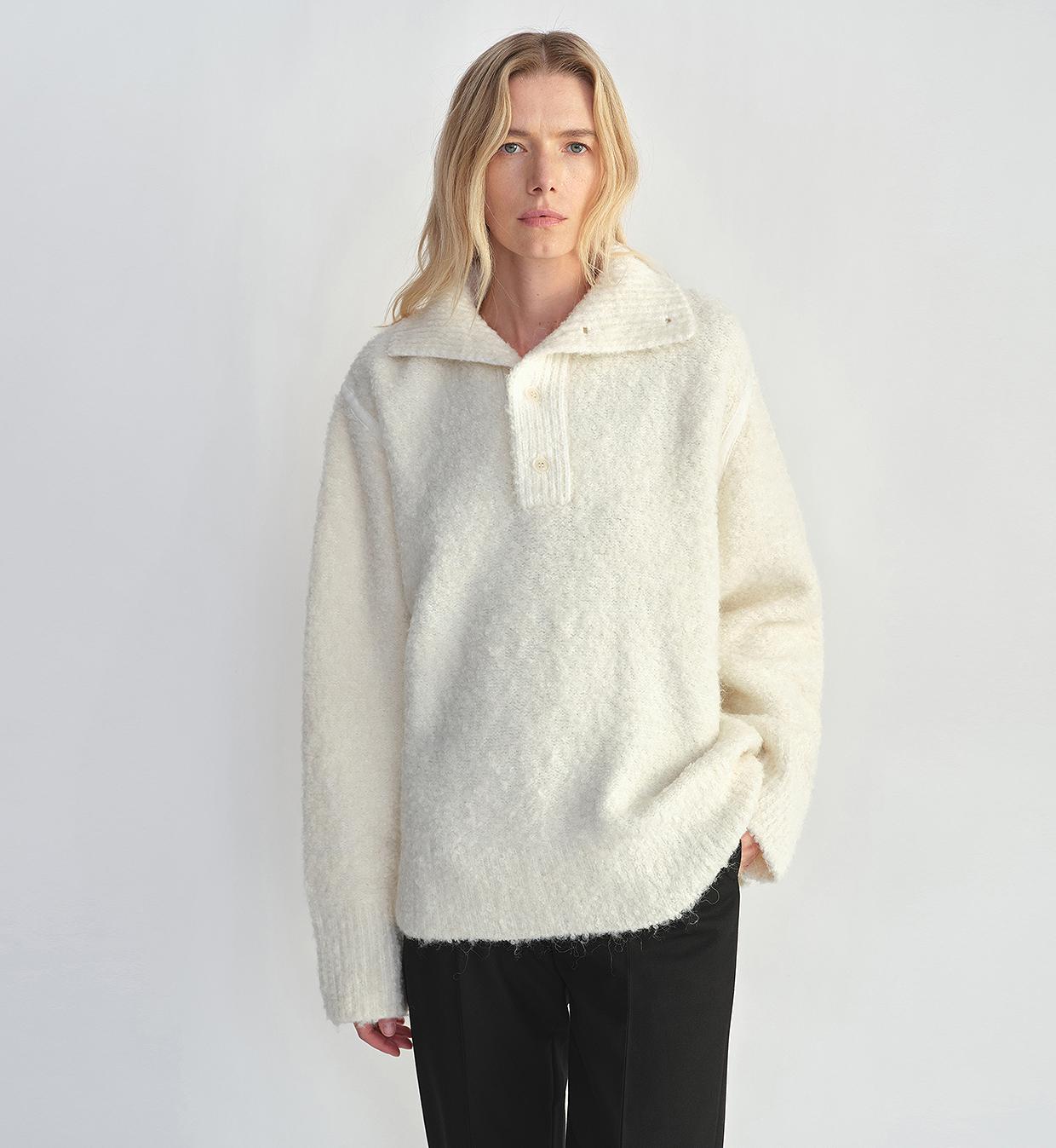 Alpaca Wool Bouclé Polo Sweater – Lazy & Relaxed Fit Knit Top