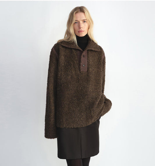 Alpaca Wool Bouclé Polo Sweater – Lazy & Relaxed Fit Knit Top