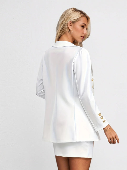 Classic White Skirt Set – Long Sleeve Blazer & Solid Color Skirt Ensemble Fashion