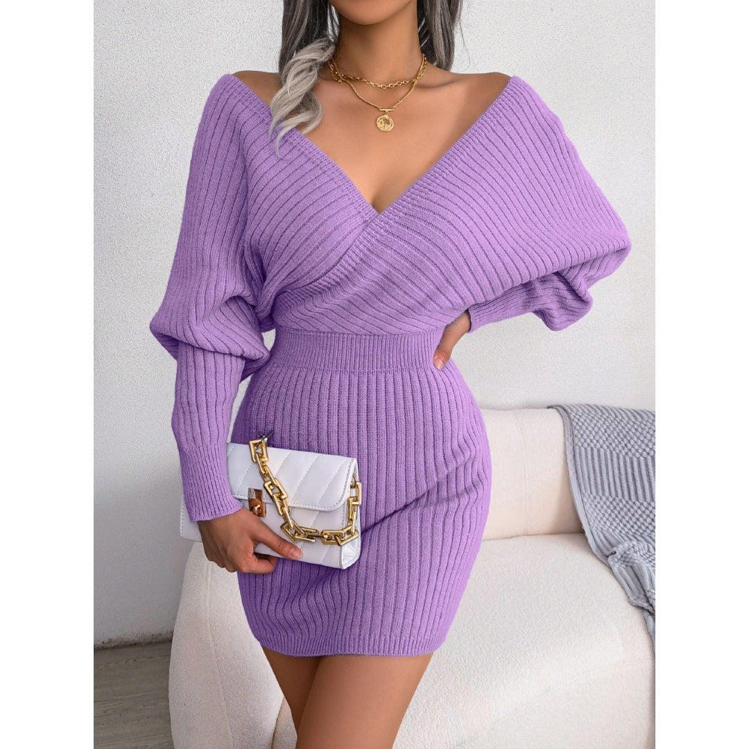 Elegant Fuzzy Knit Dress – Cross V-Neck Bat Sleeve Hip-Hugging Style Fashion