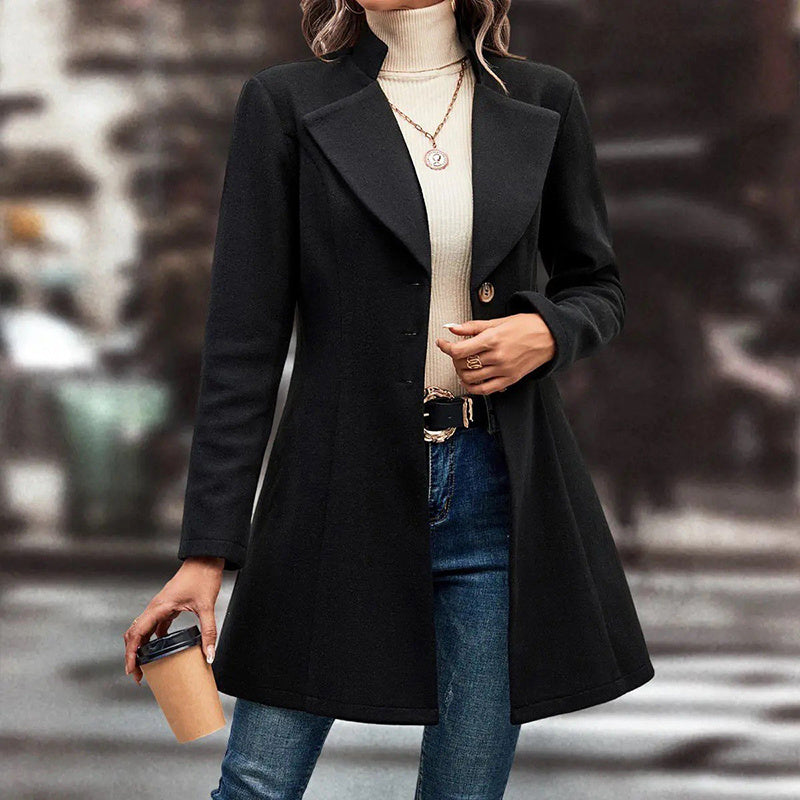 Classic Lapel Long Pea Coat – Women’s Single-Breasted Winter Overcoat Fashion