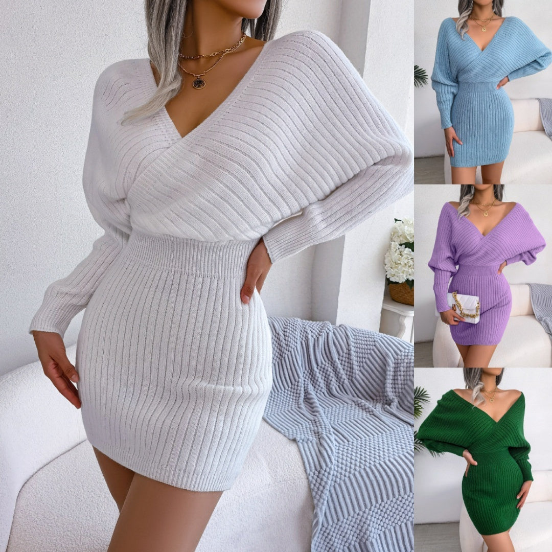 Elegant Fuzzy Knit Dress – Cross V-Neck Bat Sleeve Hip-Hugging Style Fashion