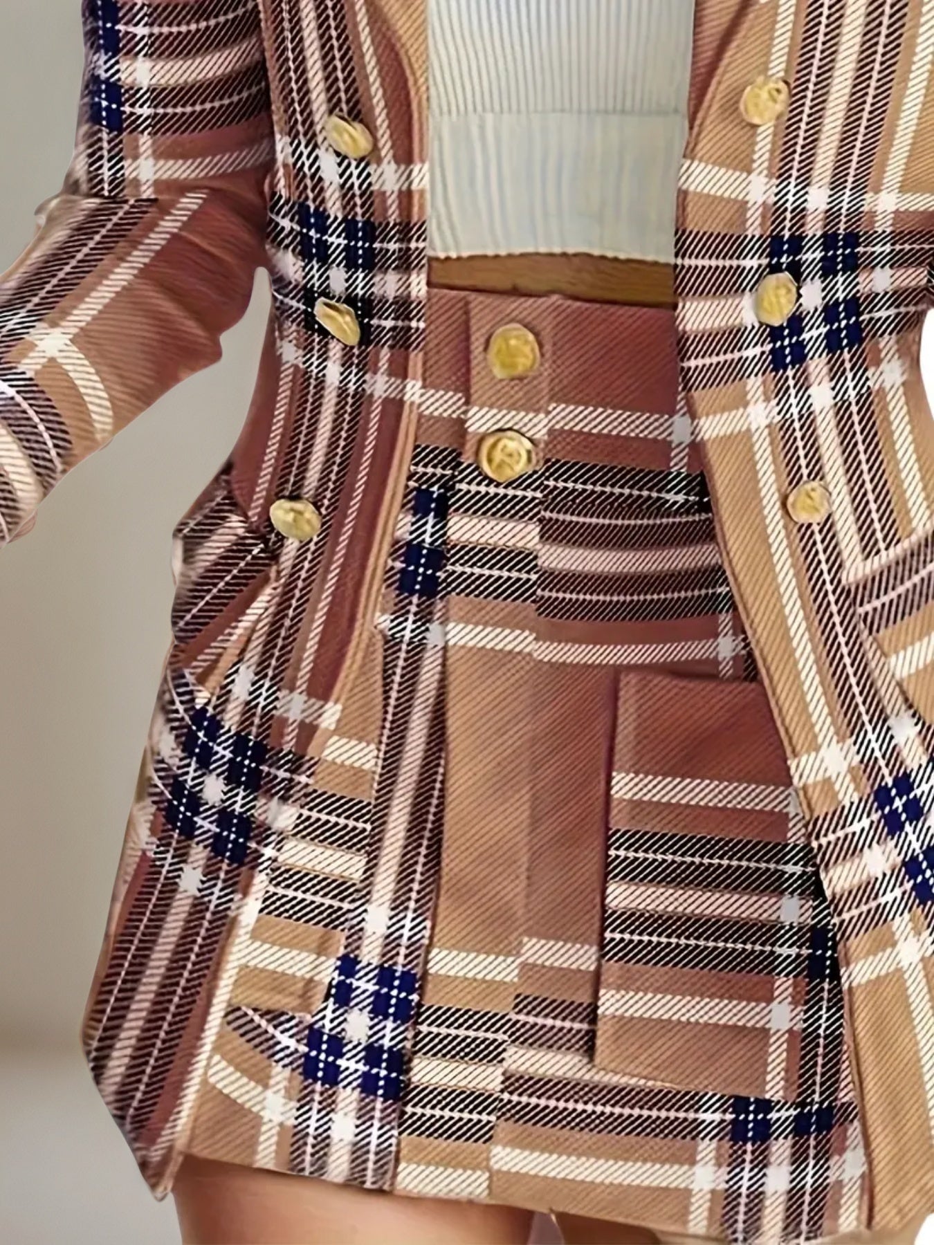 Classic Women’s Workwear Set – Double Breasted Plaid Blazer & Matching Skirt Outfit Fashion