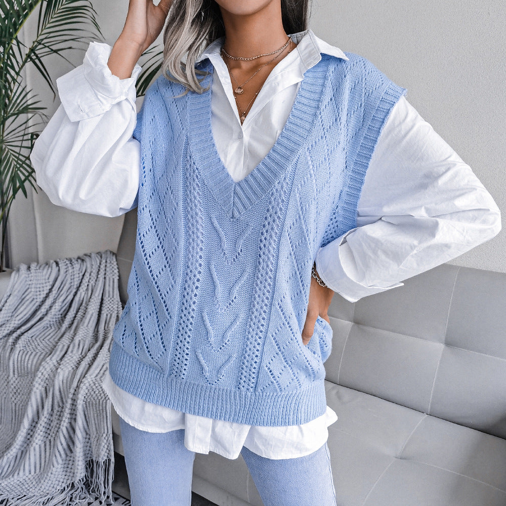 Hollowed-Out Twisted V-Neck Knit Vest – Stylish Women’s Sweater