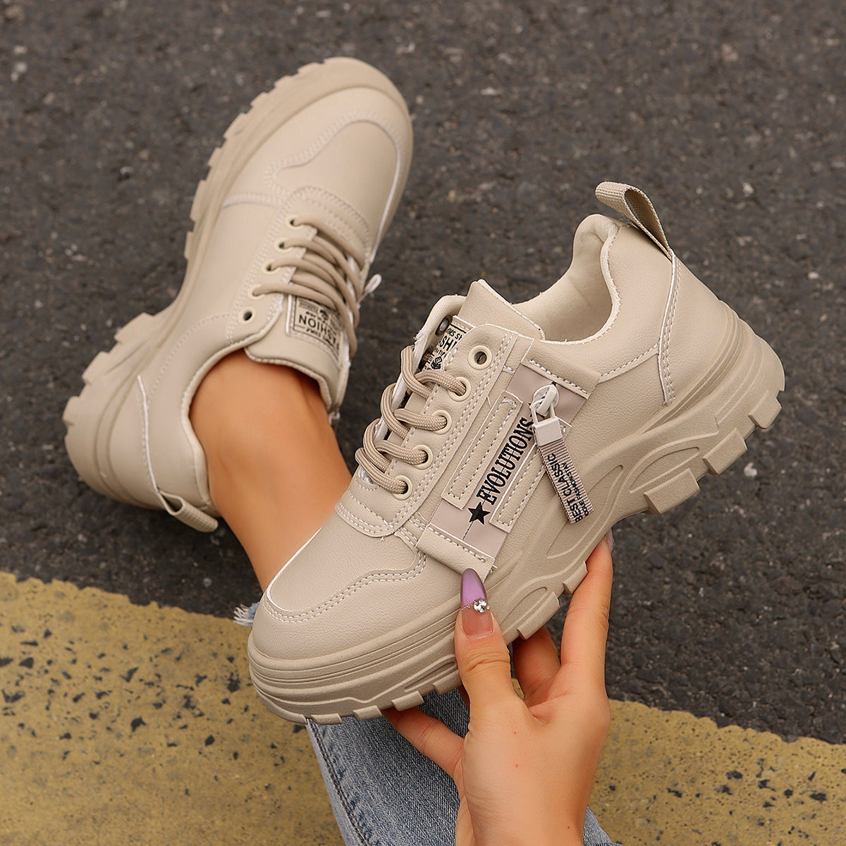 Fashion Sports Sneakers – Women’s Lace-Up Thick Sole Casual Shoes Fashion