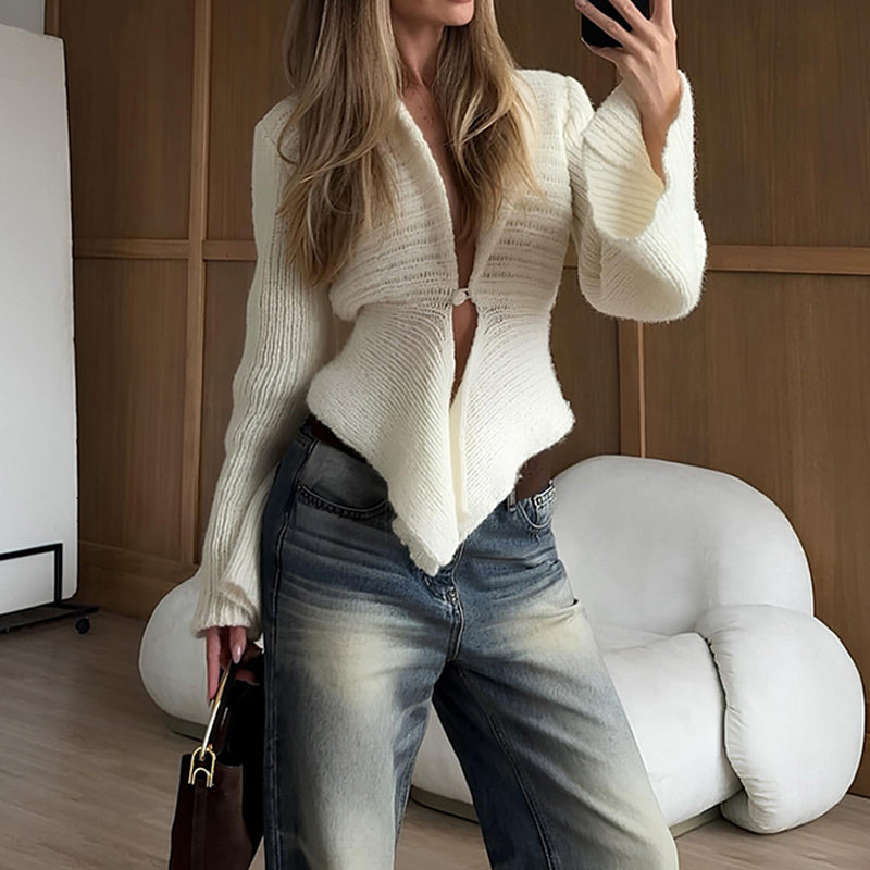 Elegant Knitted Cardigan – Women’s V-Neck Long Sleeve Sweater with Irregular Hem Fashion