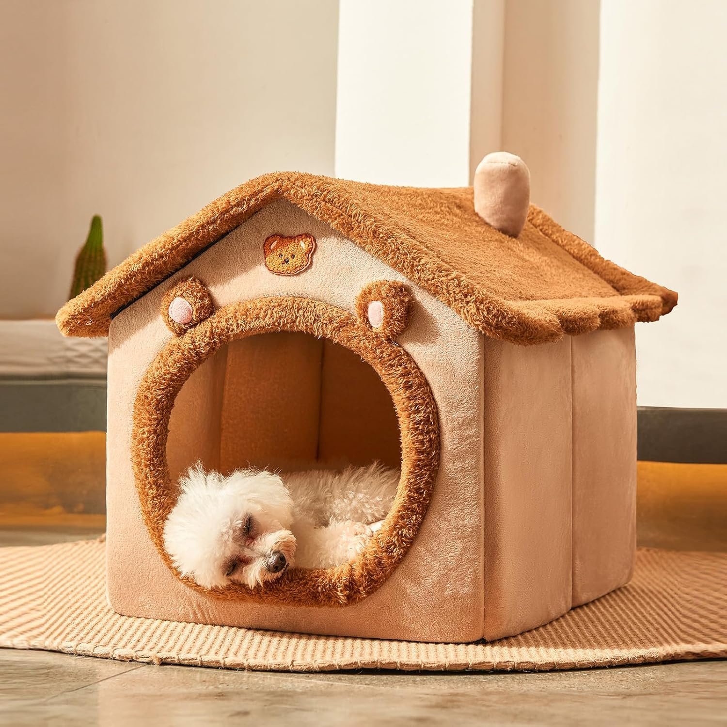 81dSLMUOyML._AC_SL1500_.jpg Jiupety Cute Small Dog House Indoor, Foldable Dog House Kennel Bed Mat with Cushion, L Size Dog Tent Up to 31 lbs Dog, Brown - Image 1
